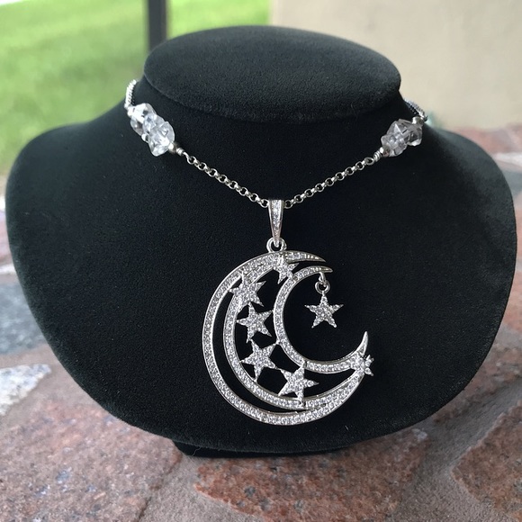 White gold plated cz moon stars herkimer diamonds - Picture 5 of 12